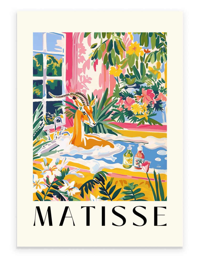 Gazelle in a yellow bathtub surrounded by tropical plants – Matisse inspired art print