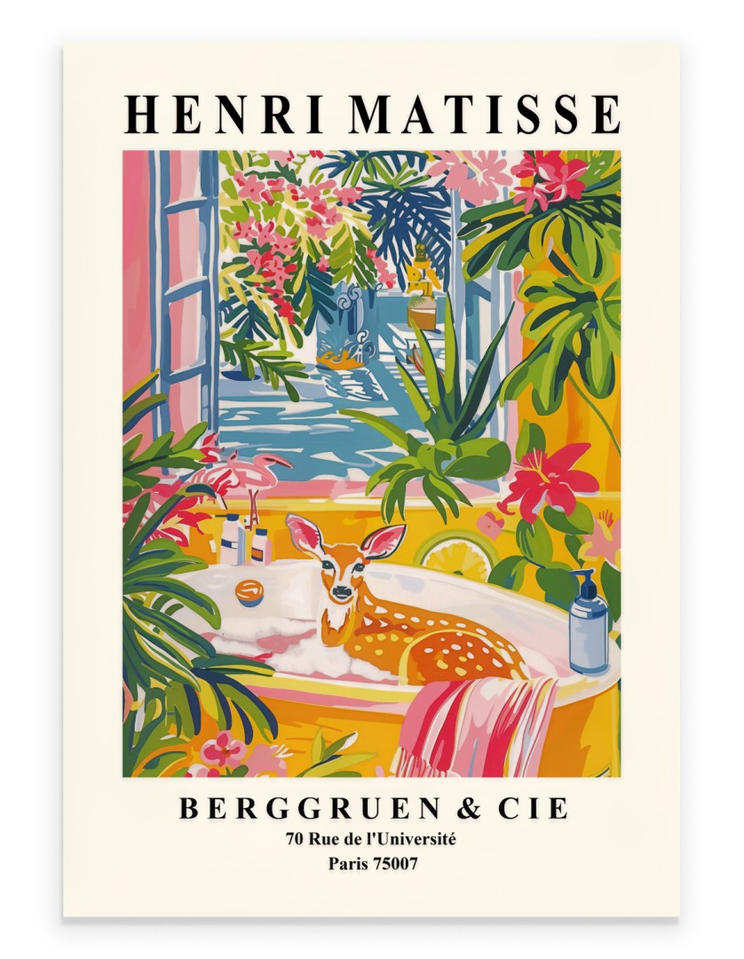 Doe enjoying a calming soak surrounded by vivid greenery and blossoms painted in Henri Matisse inspired style - colorful bathroom print for wall decor