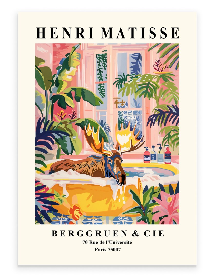 Henri Matisse inspired moose in bathtub surrounded by tropical plants