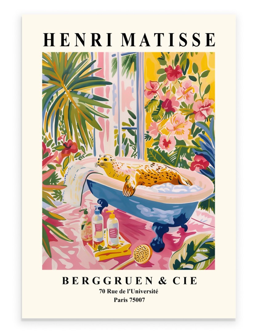 Henri Matisse style art print of a seal lounging in a clawfoot bathtub with tropical plants.