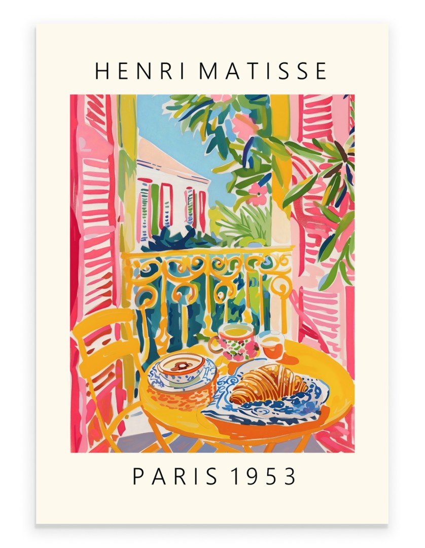 Art print of a breakfast table with croissant and coffee on a balcony.