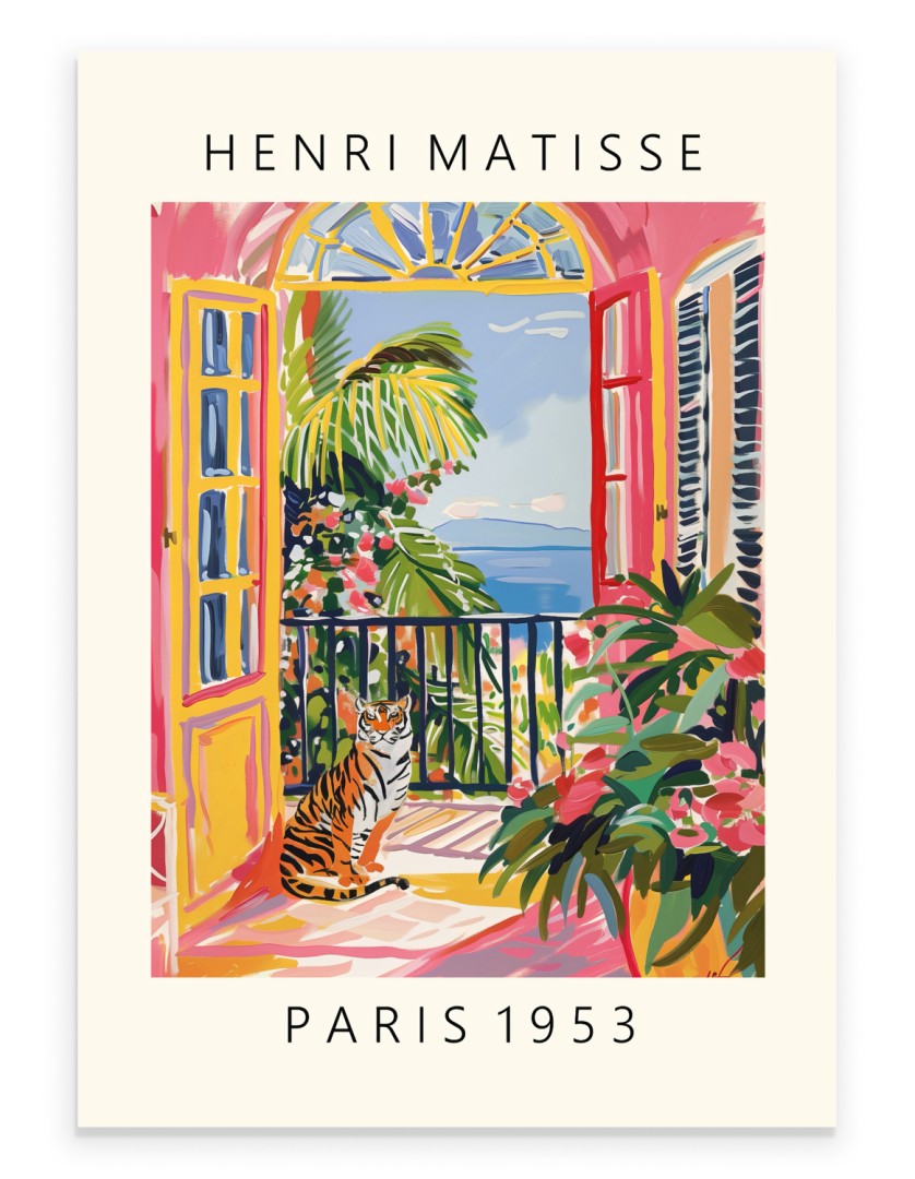 Henri Matisse inspired tiger art print on tropical balcony with ocean view