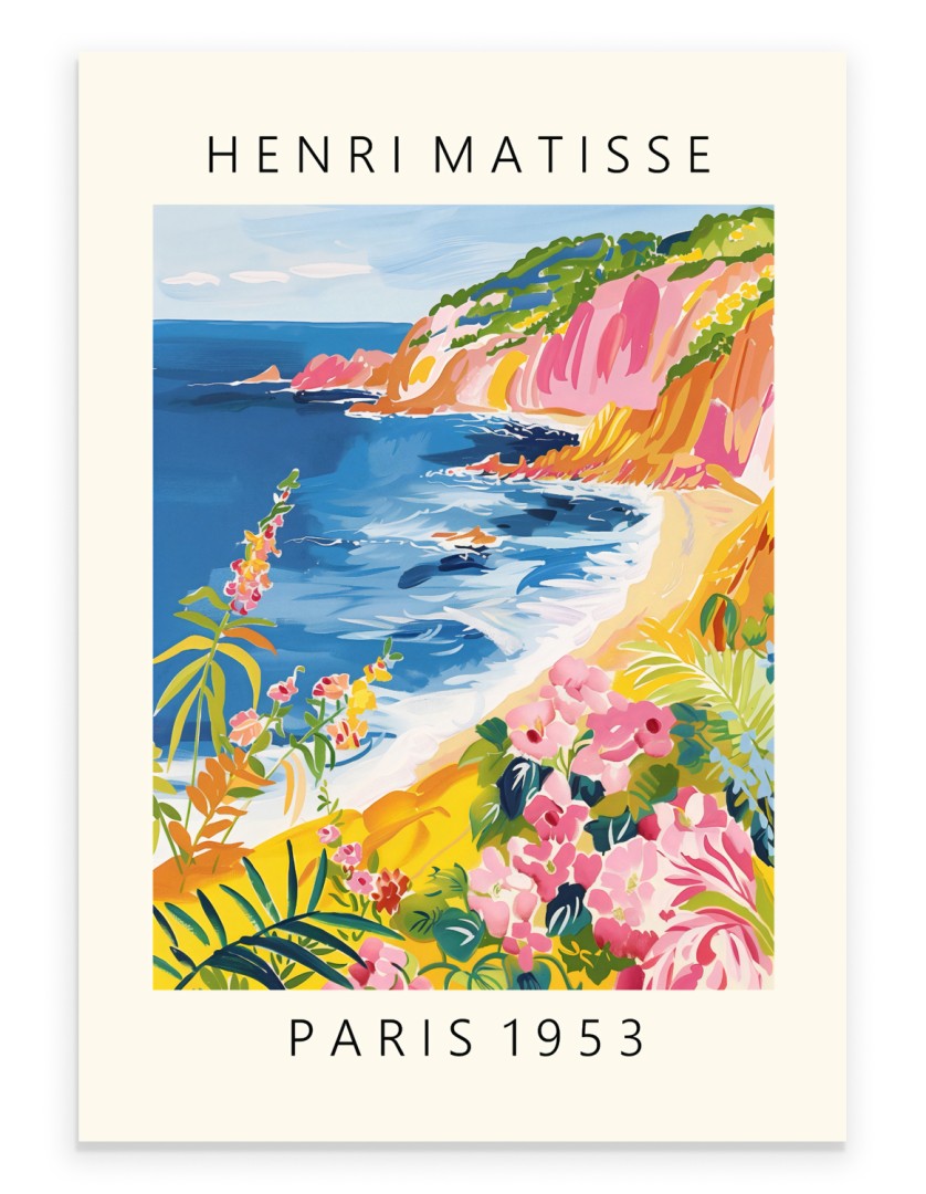 Vibrant coastal landscape art print in Matisse style. A bold seaside wall art piece with cliffs, flowers, and blue ocean views.