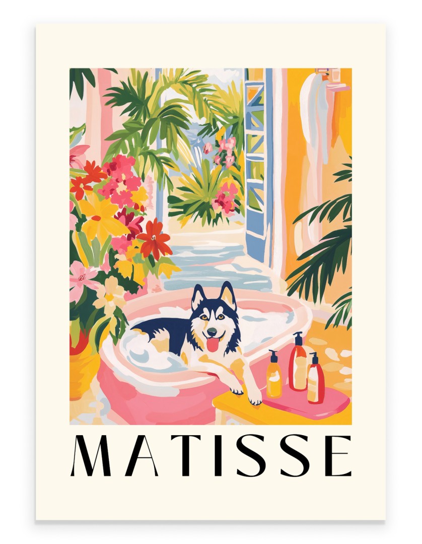 Husky relaxing in a pink bathtub surrounded by tropical plants and flowers.