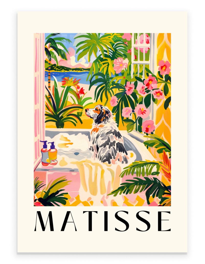 Australian Shepherd in a bath with tropical plants and seaside background.