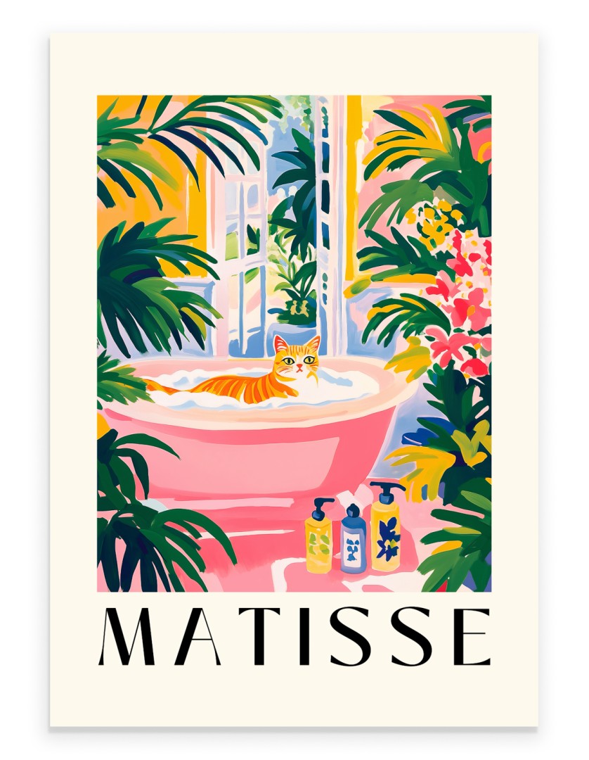 Orange tabby cat lying in a pink bathtub filled with bubbles and tropical plants.