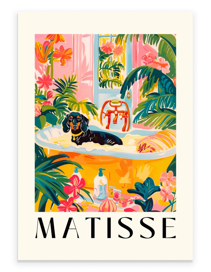 Dachshund in a yellow bathtub with tropical leaves and flowers.