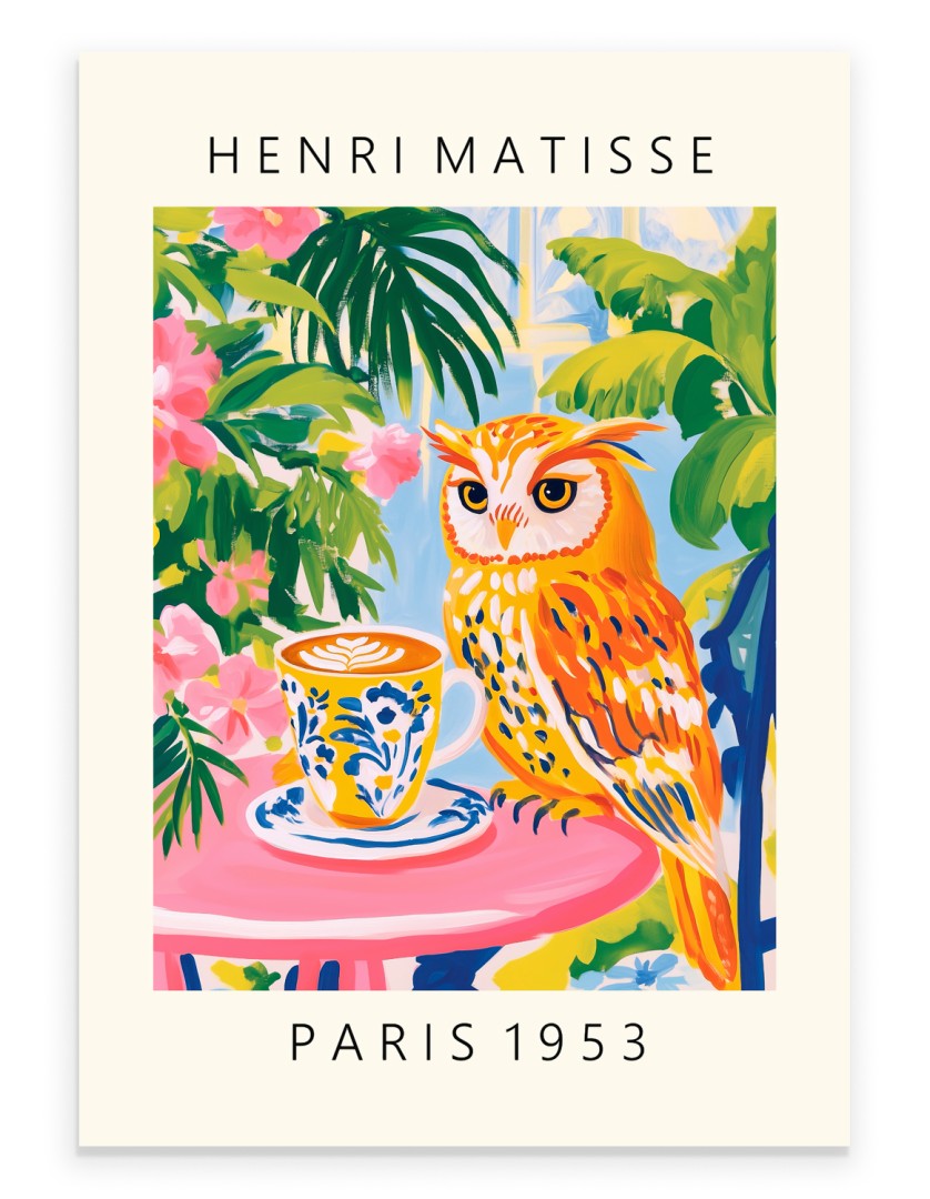 Henri Matisse inspired owl art print in colorful café scene