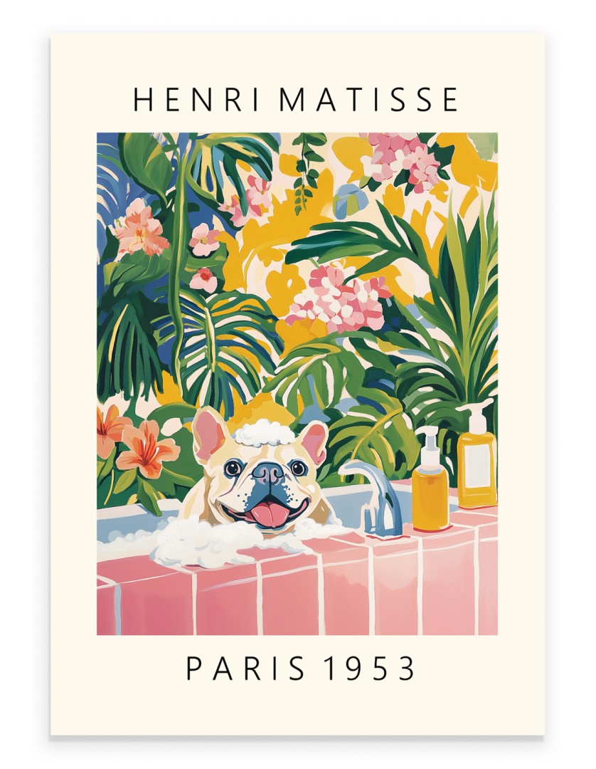 French Bulldog in a pink bubble bath with tropical plants - art print.