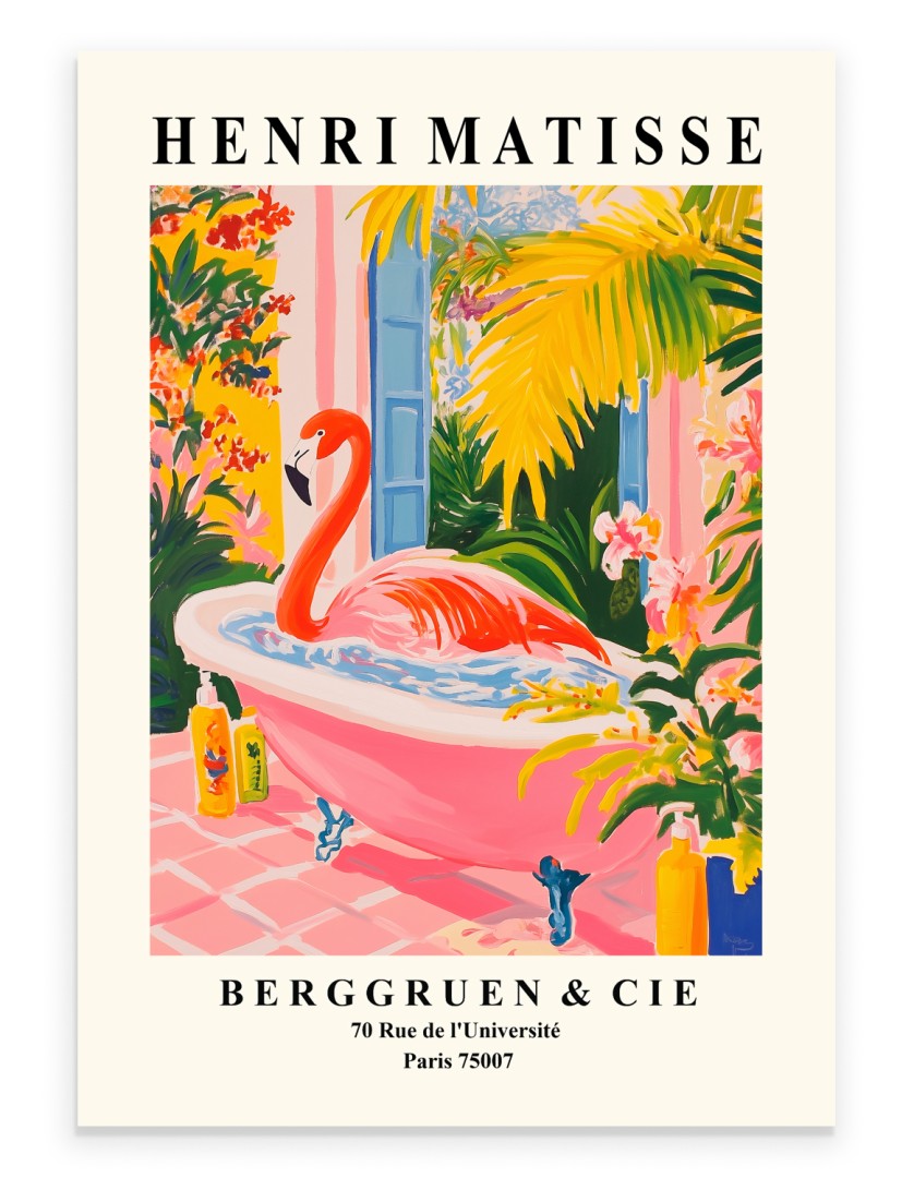 Flamingo relaxing in a pink tub with plants and flowers, Matisse-style art print.