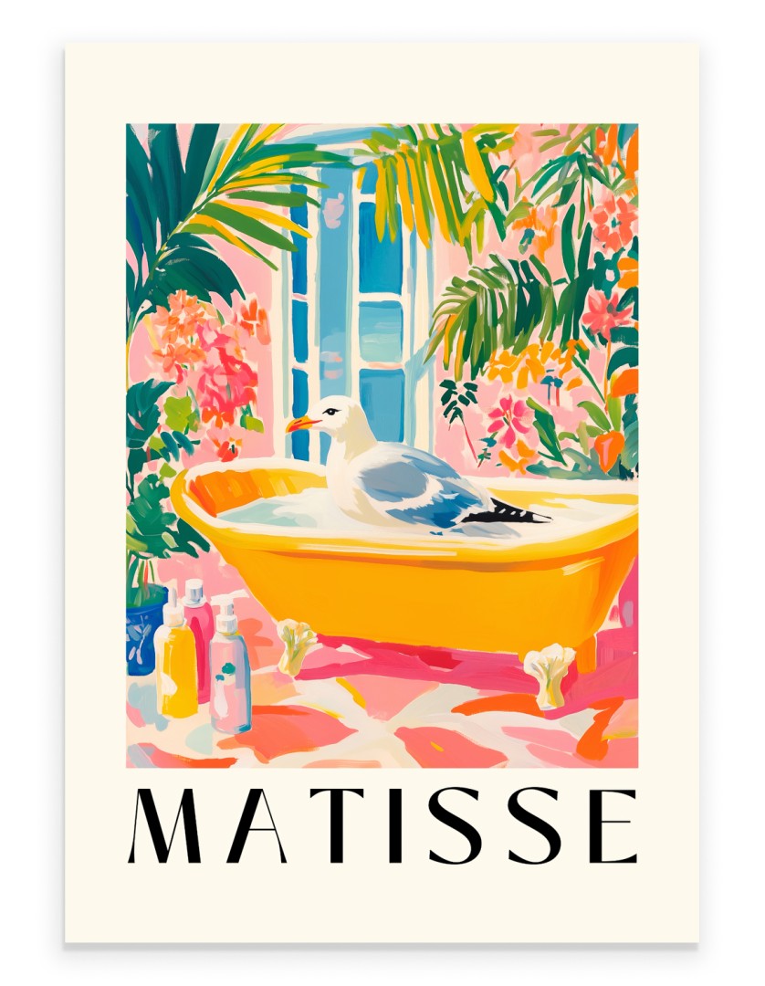 Seagull bathroom wall art print in Matisse inspired golden bathtub scene
