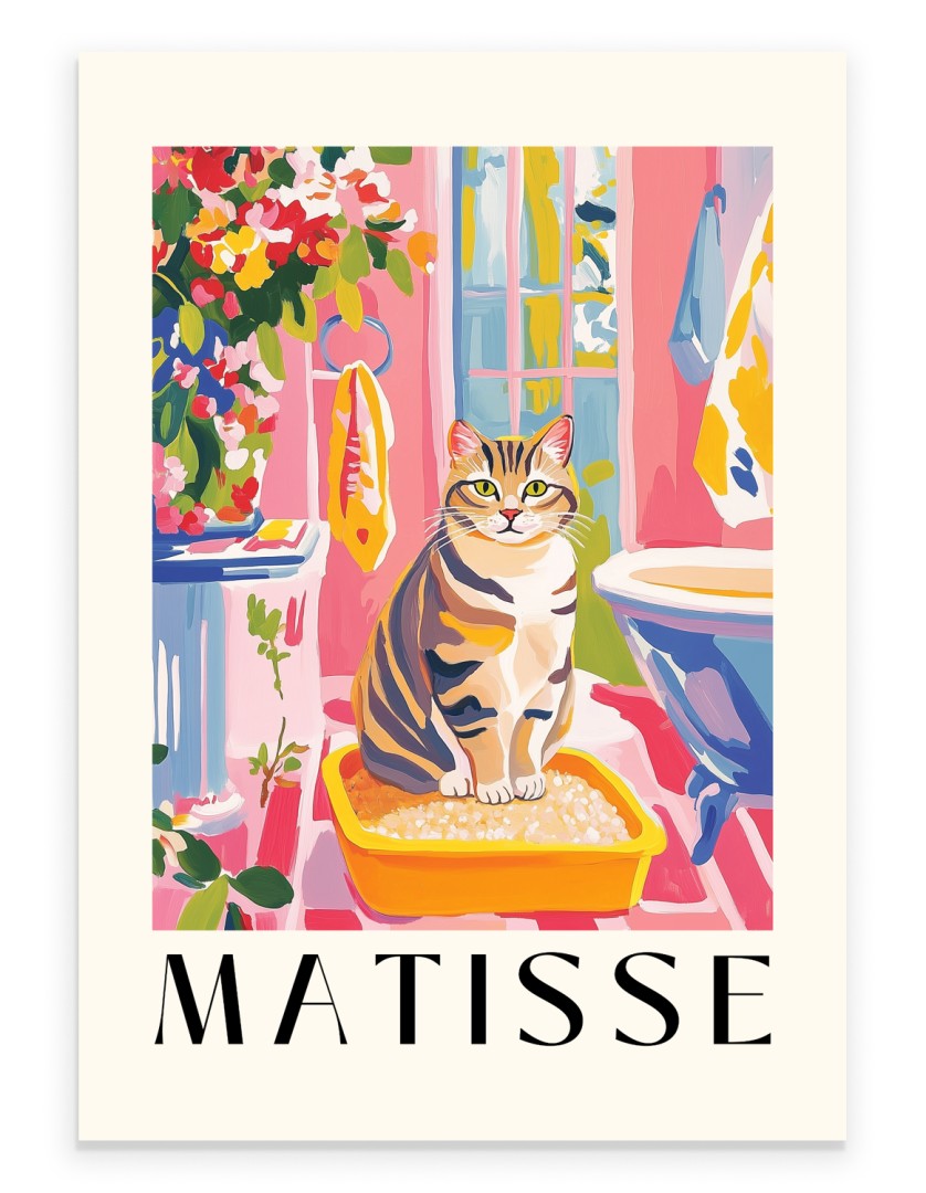Tabby cat in litter box, Matisse style bathroom art print