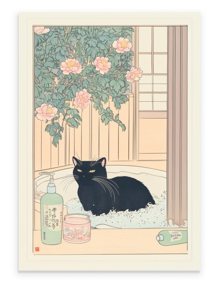 Japanese bathroom print - Black cat