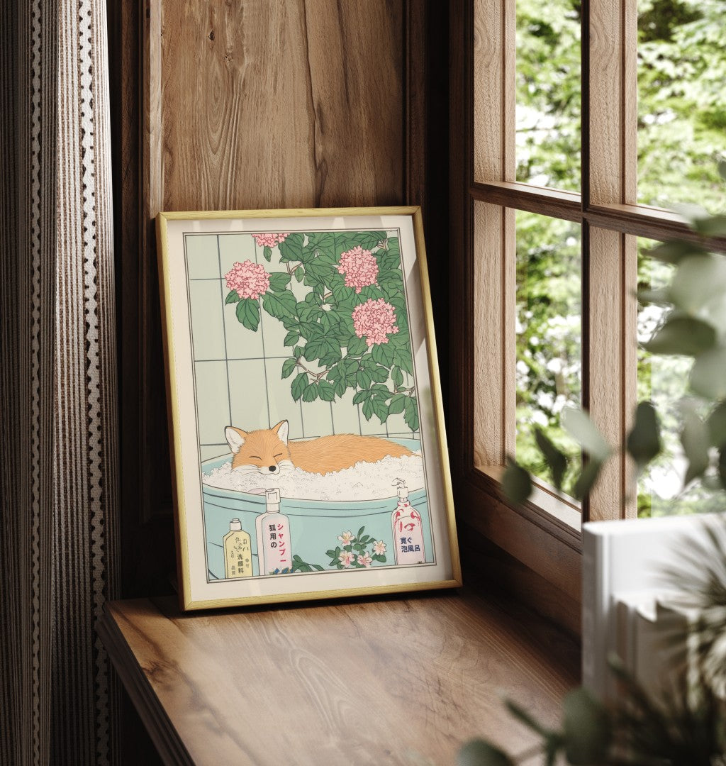 Framed fox bathroom wall art with floral elements and warm forest tones