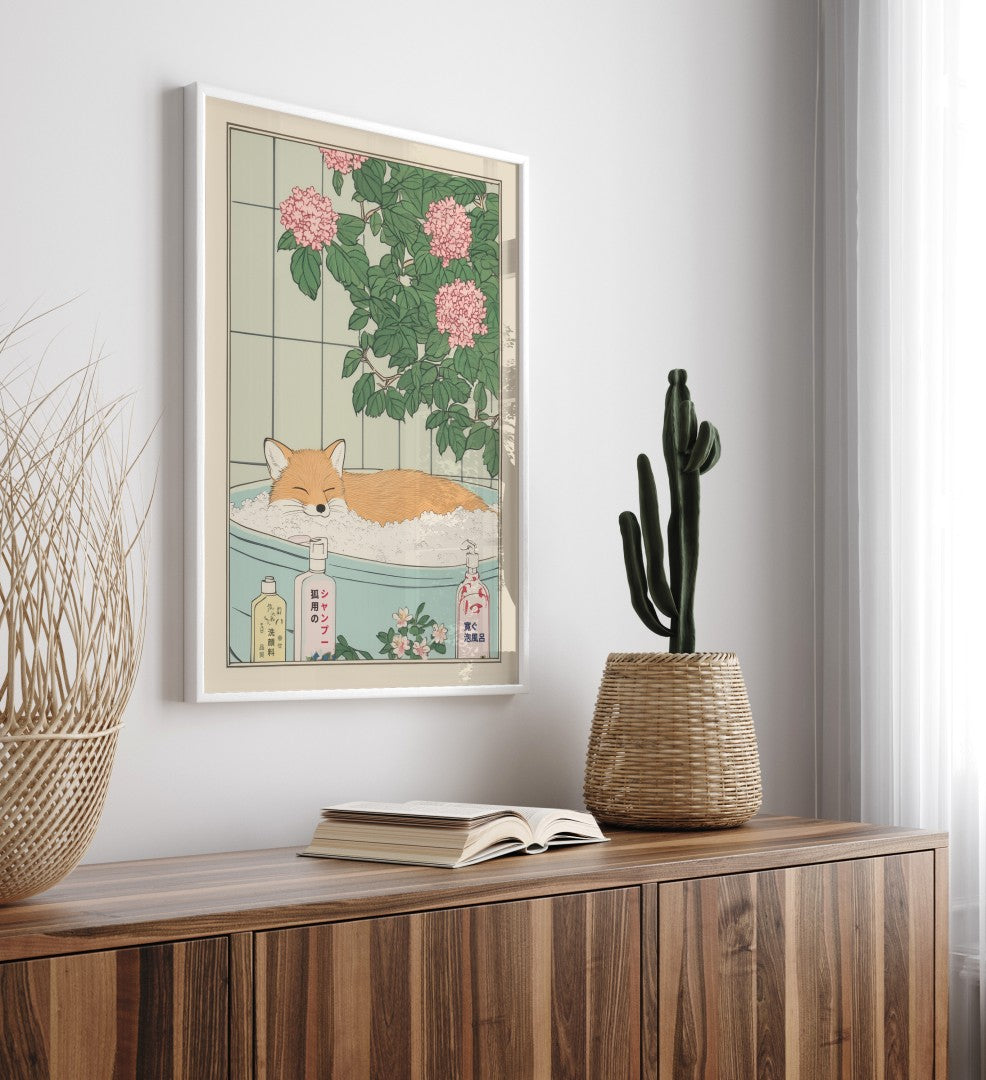 High-quality framed bathroom print featuring a fox in a steamy botanical soak