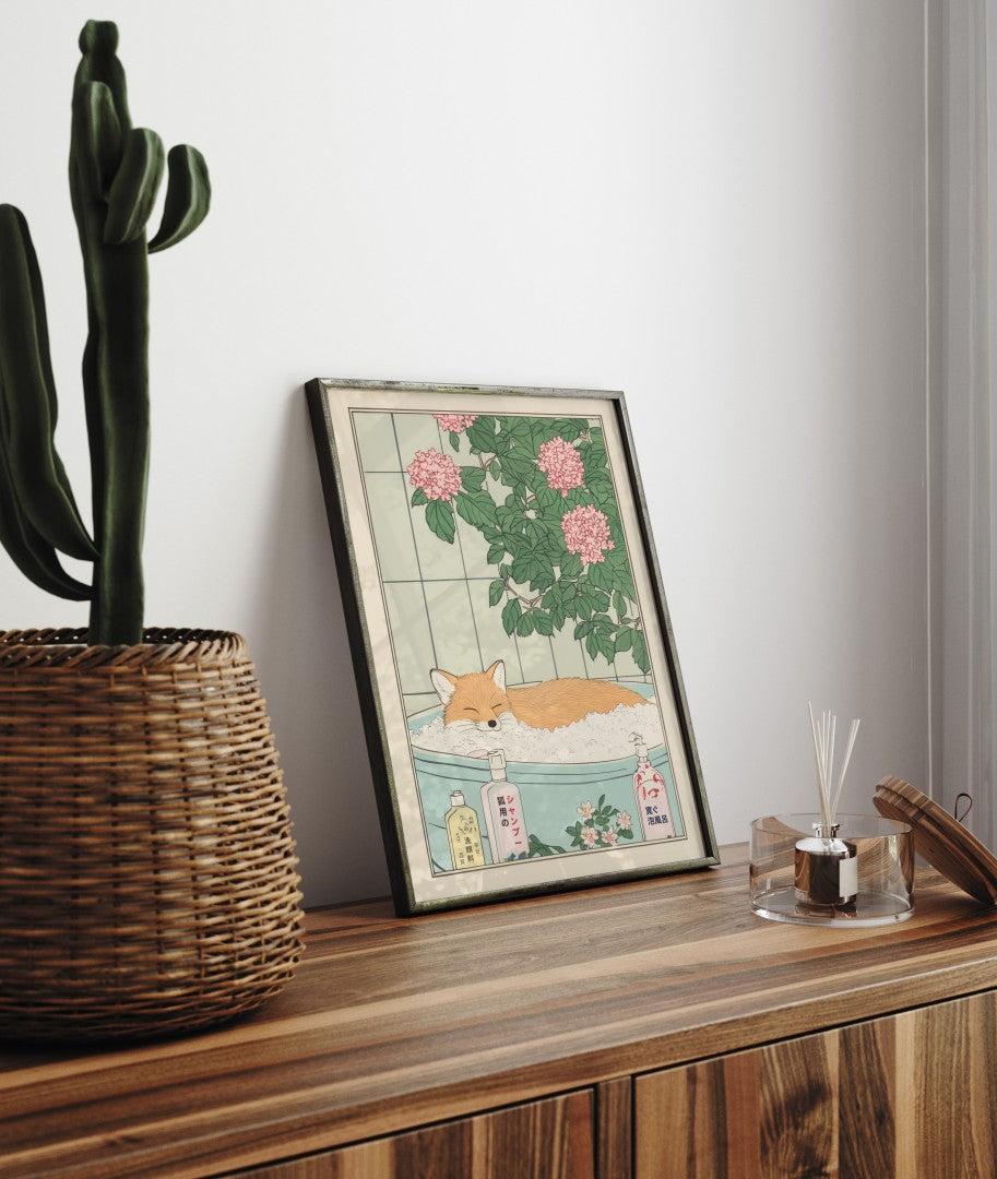 Framed bathroom decor showing a calm fox in a peaceful Japanese bath