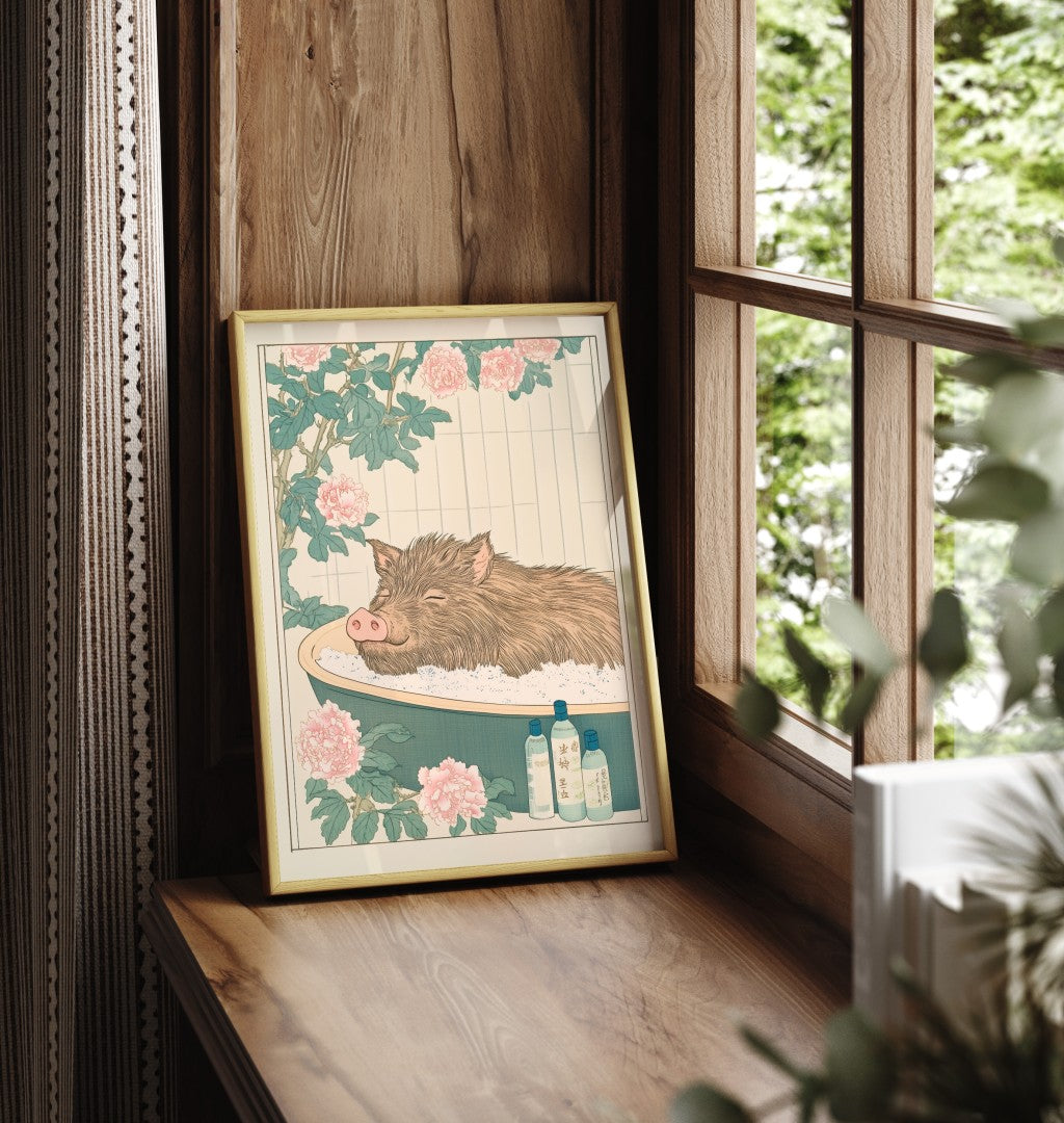 Framed bathroom print of a relaxed boar in a peaceful flower soak