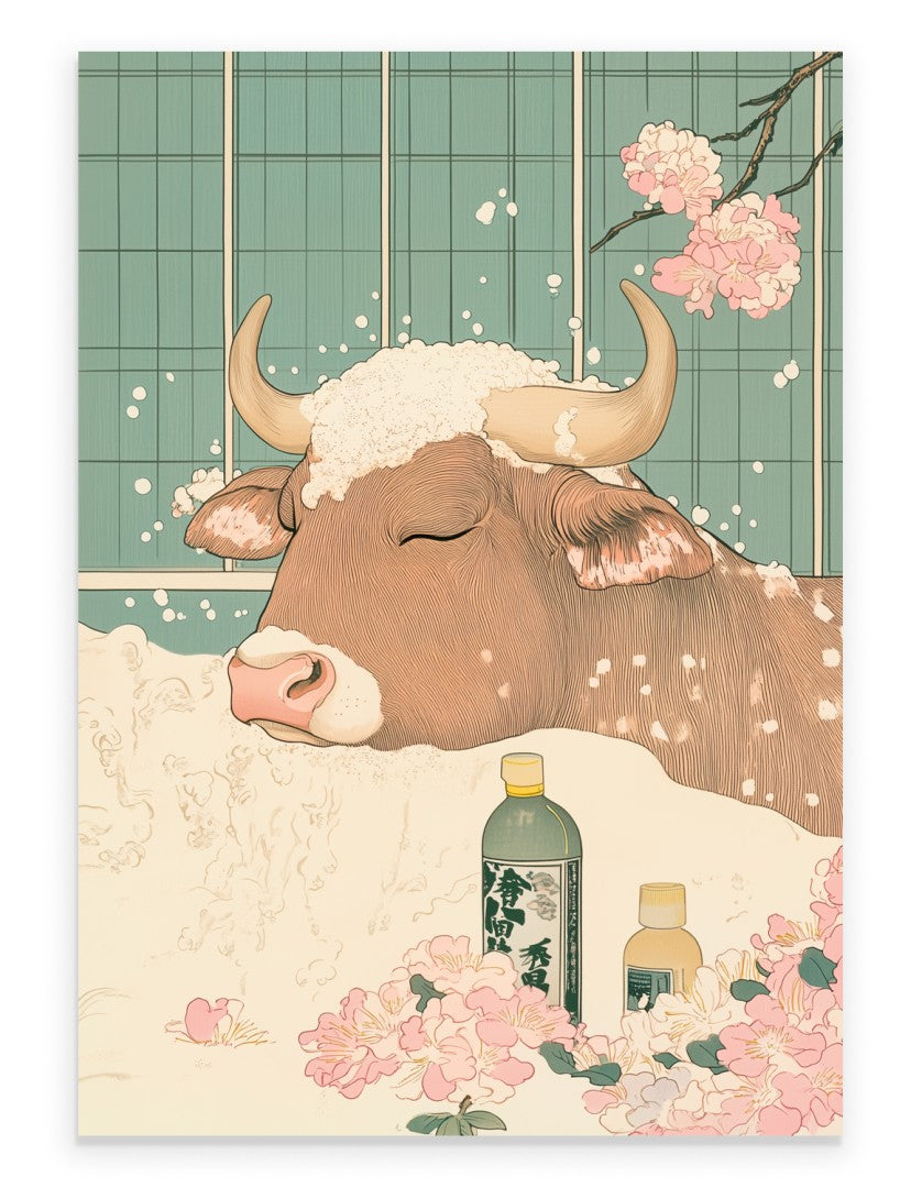 Cow relaxing in a Japanese floral bath with blossoms and soft colors