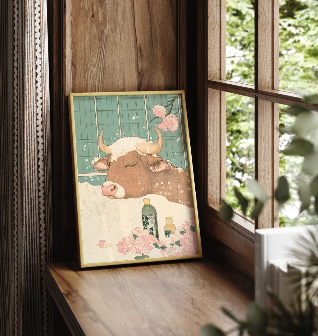 Framed cow bathroom print with petals and peaceful rustic detail