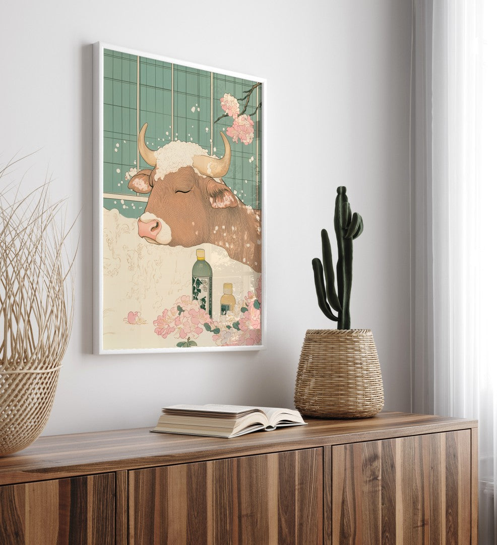 High-quality framed cow bathroom wall art with soft florals and calm expression