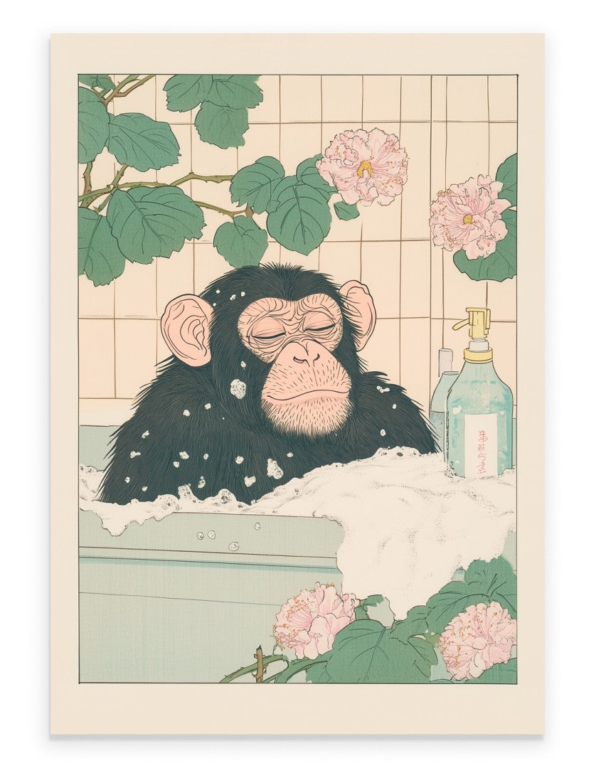 Chimpanzee relaxing in a floral Japanese bath with petals and warm colors