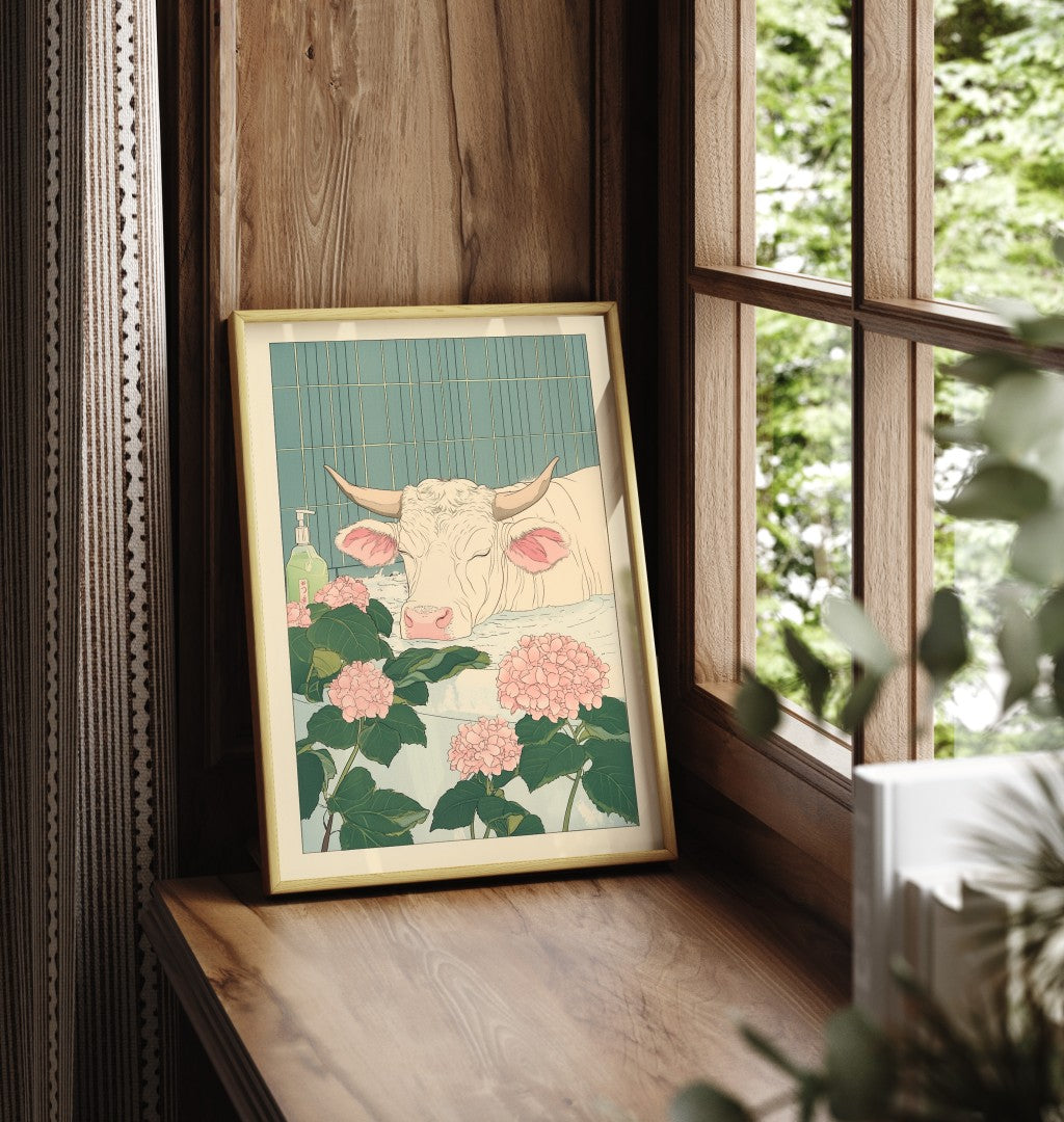 Framed cow bathroom print with floral touches and calming rustic detail