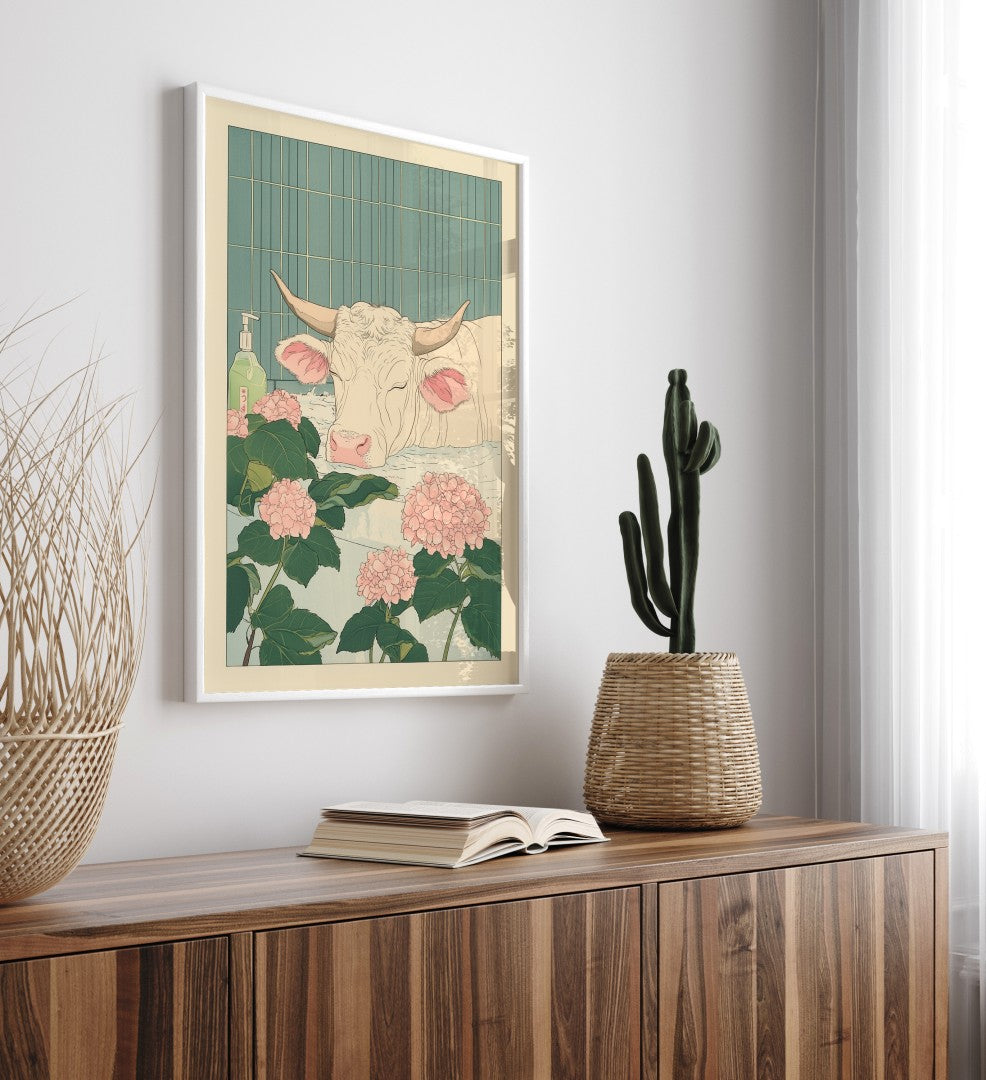 High-quality framed cow bathroom wall art with warm tones and botanical accents