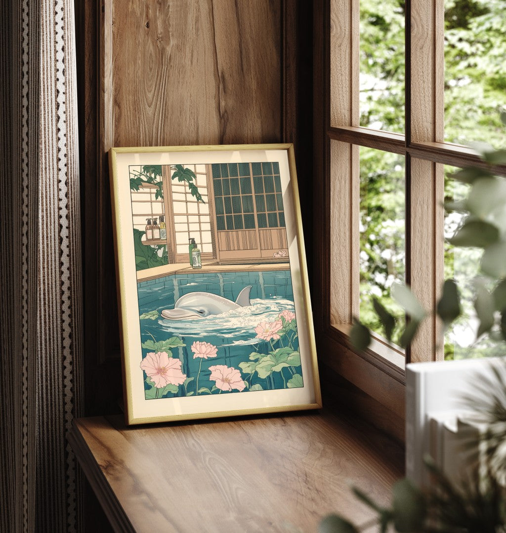 Framed dolphin bathroom print with peaceful water and pastel petals