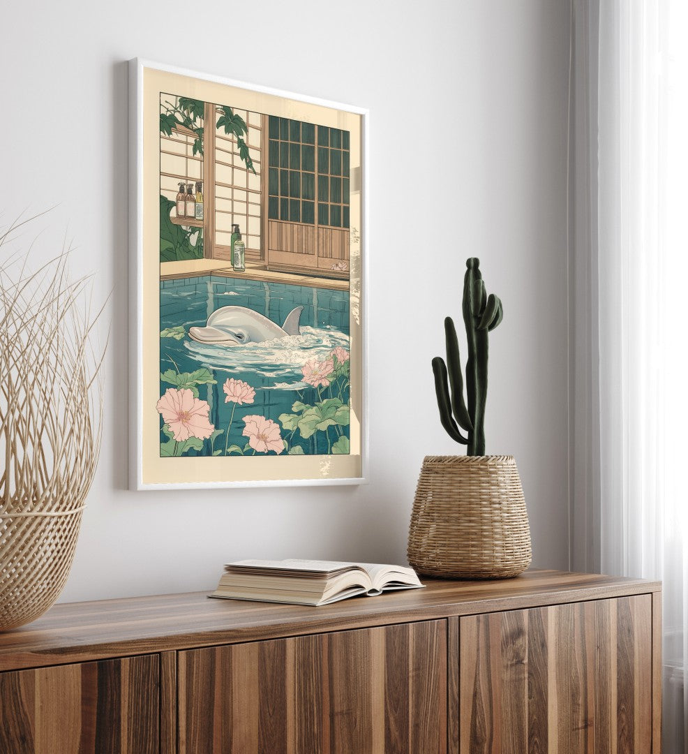 High-quality framed dolphin bathroom wall art with gentle ocean-inspired tones