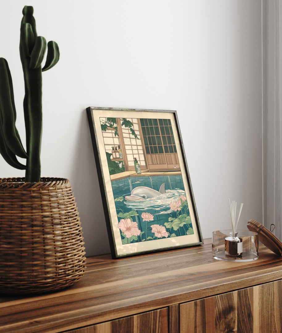 Framed bathroom decor showing a calm dolphin in a flower-filled Japanese bath