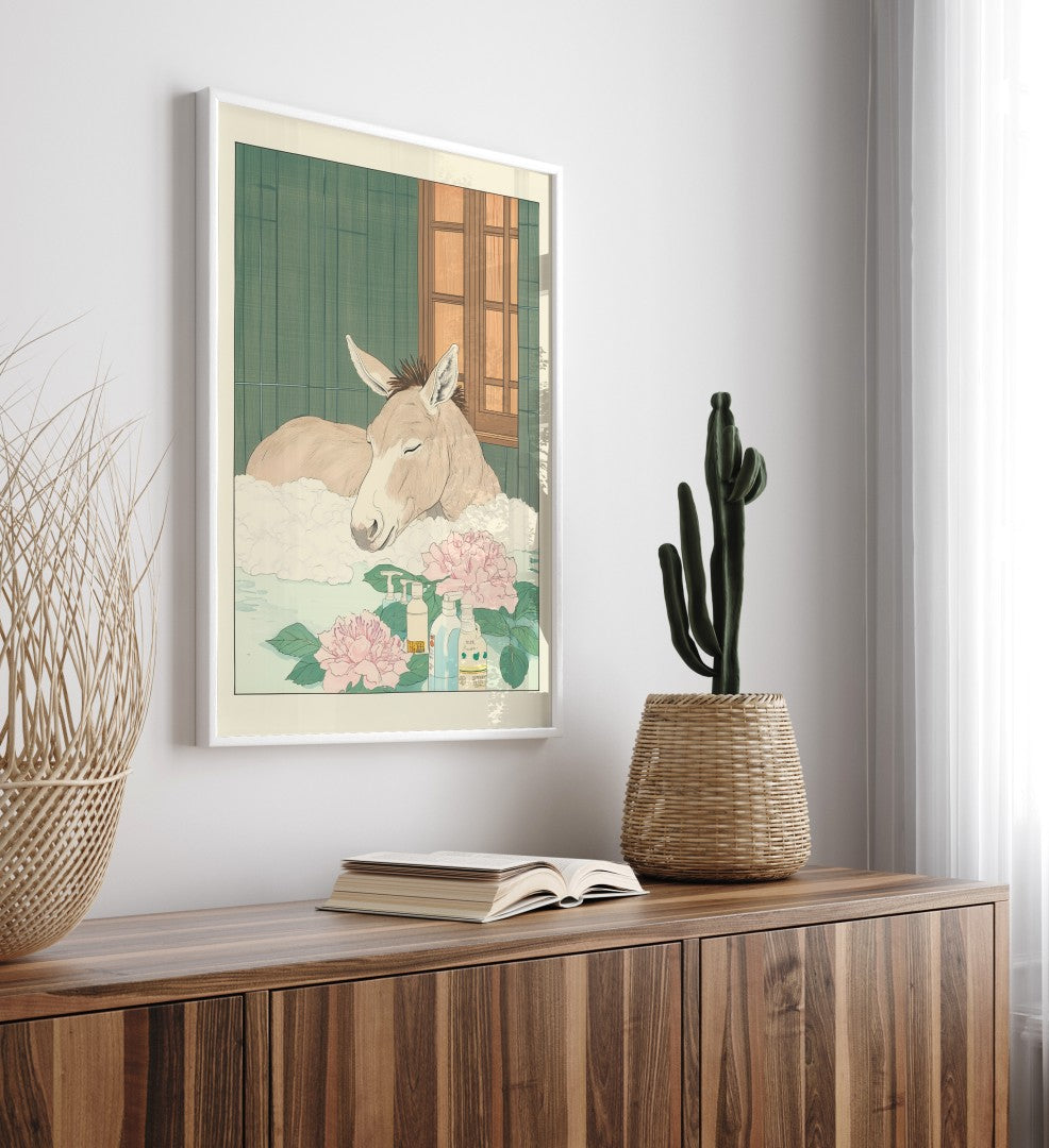 High-quality framed donkey bathroom wall art with floral details and rustic calm