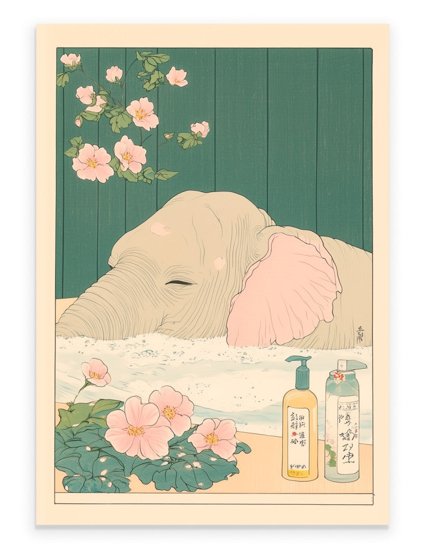 Elephant soaking in a Japanese floral bath with floating petals and warm light