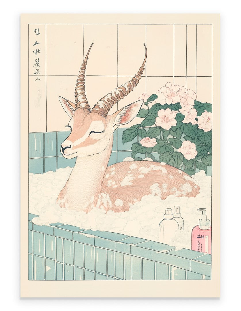Gazelle soaking in a floral Japanese bath with soft petals and warm tones