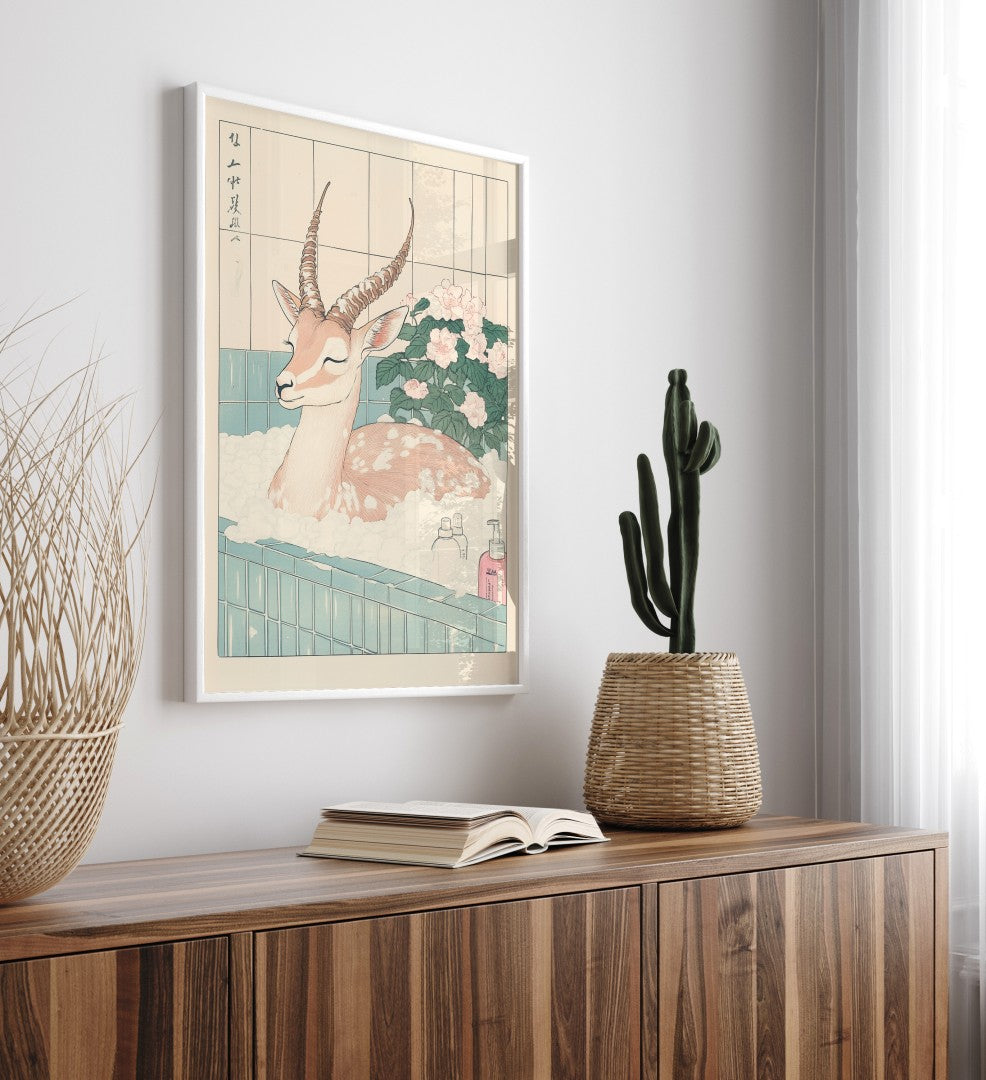 High-quality framed gazelle bathroom wall art with pastel blooms and gentle lines