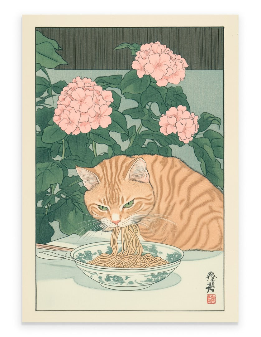 Art print of a tabby cat eating ramen noodles from a bowl in Japanese illustration style