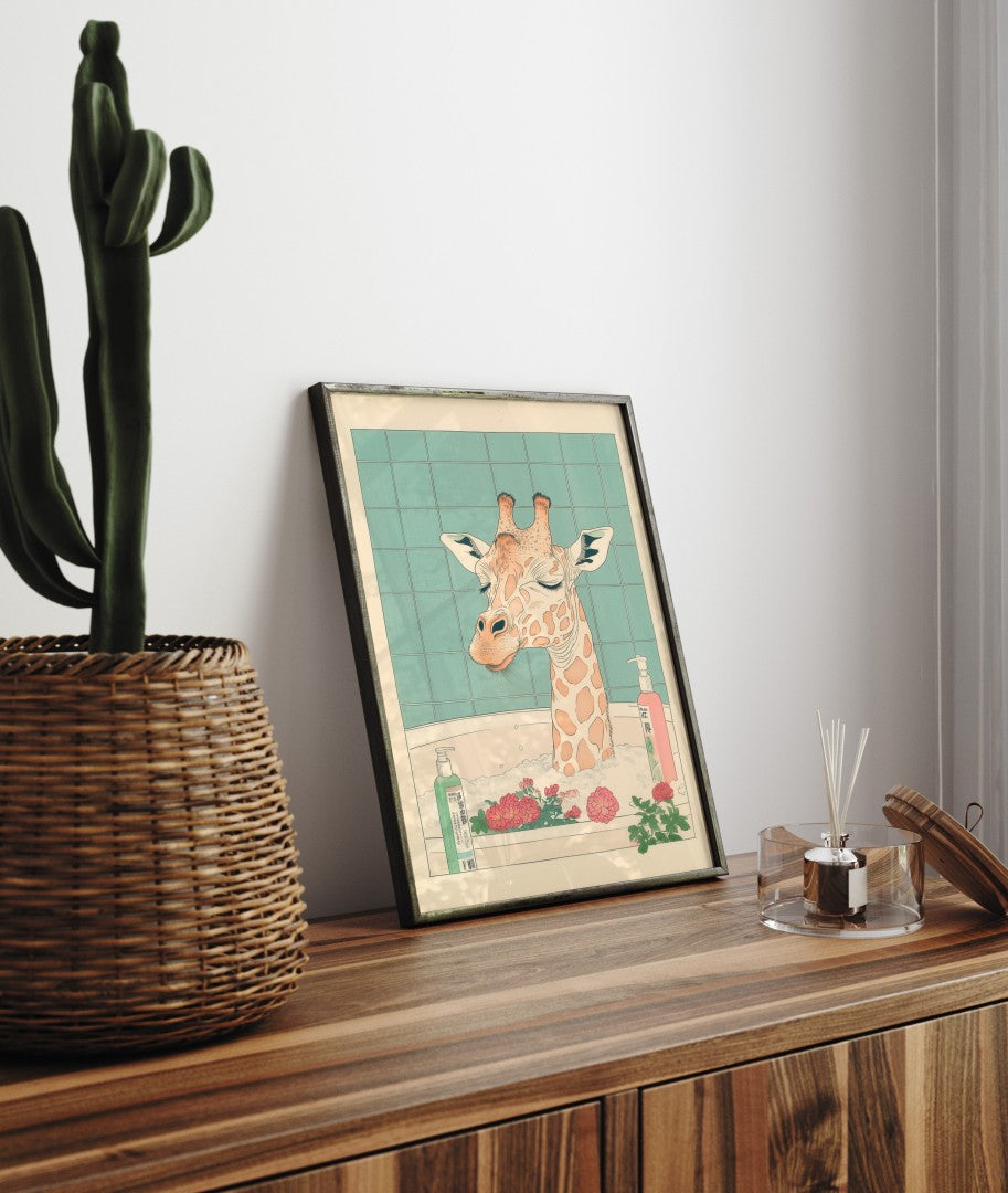 Framed bathroom decor featuring a calm giraffe in a flower-filled Japanese-style bath