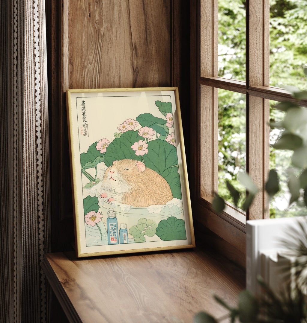 Framed guinea pig bathroom print with floral details and gentle pastel tones