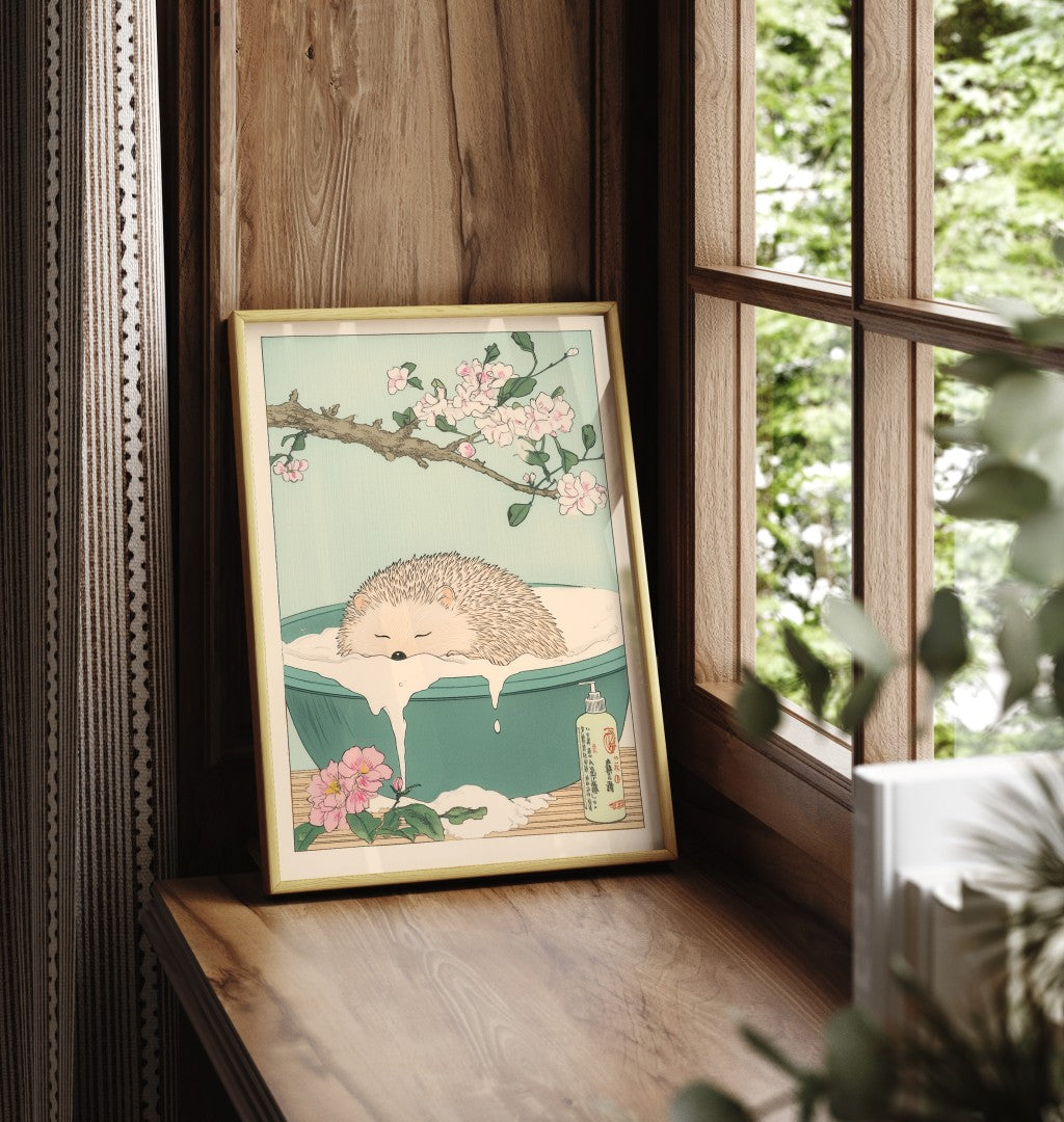 Framed hedgehog bathroom print with natural colors and floral details