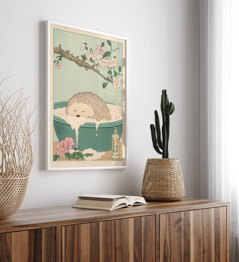 High-quality framed hedgehog bathroom wall art with gentle tones and cozy charm