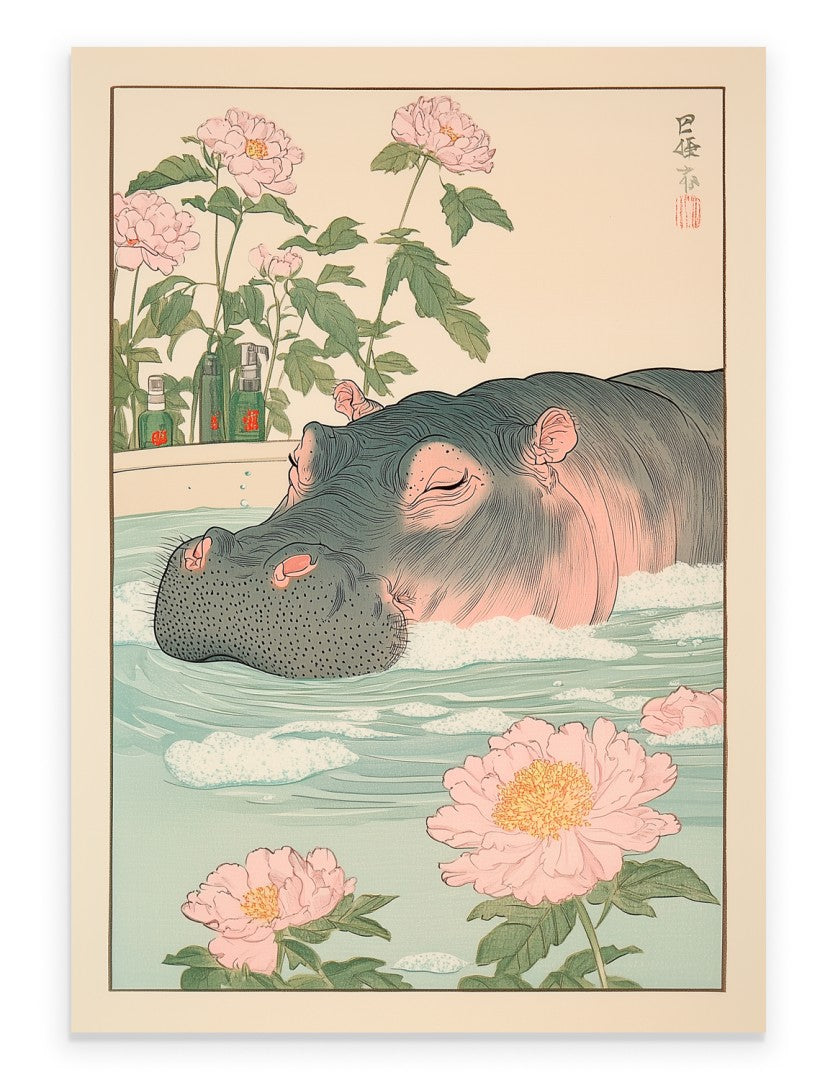 Hippo resting in a Japanese floral bath with soft petals and pastel background