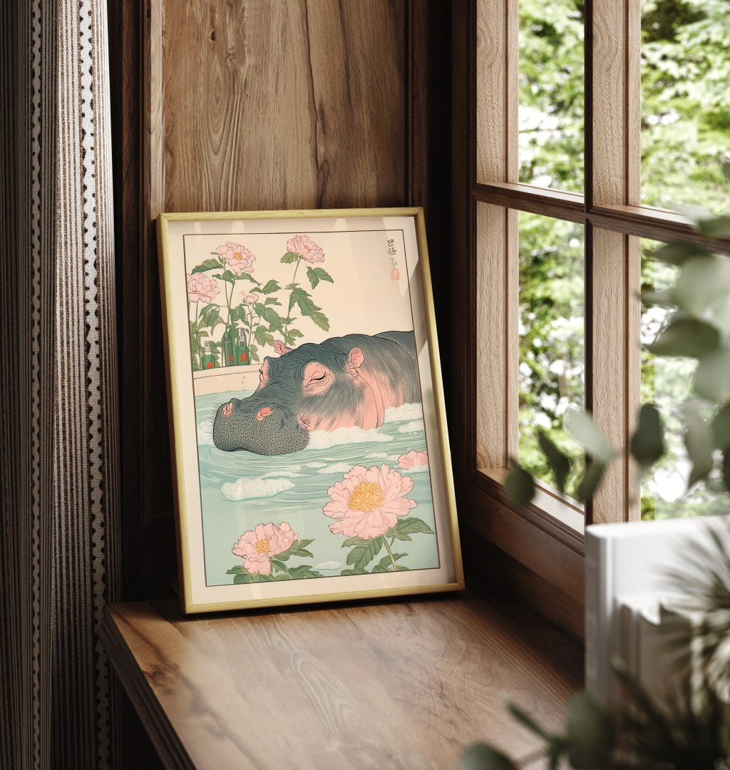 Framed hippo bathroom print with calm colors and gentle floral design