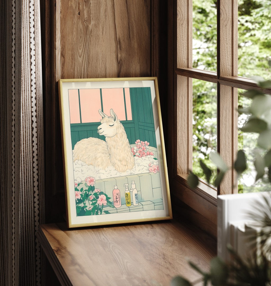Framed llama bathroom print with a botanical setting and calming style