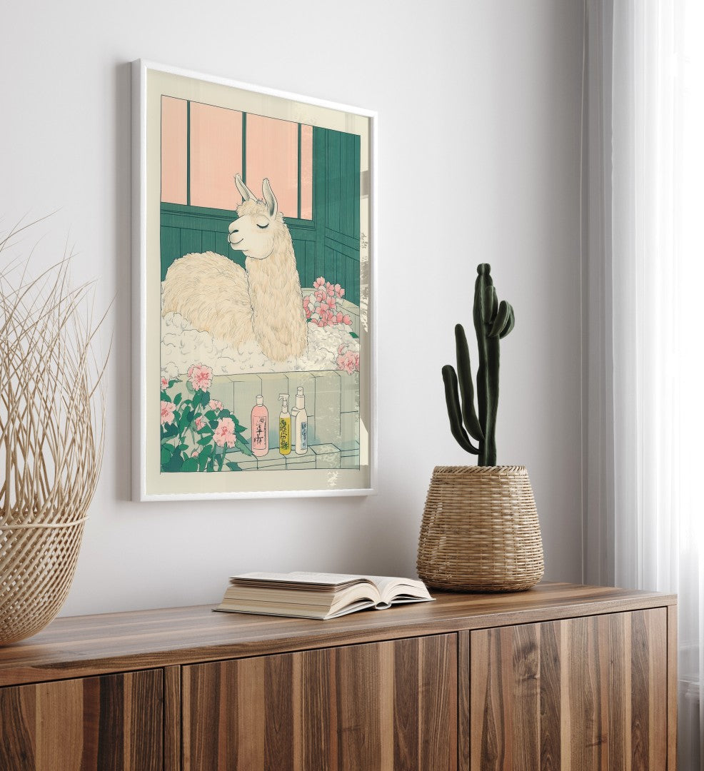 High-quality framed llama bathroom wall art with peaceful detail