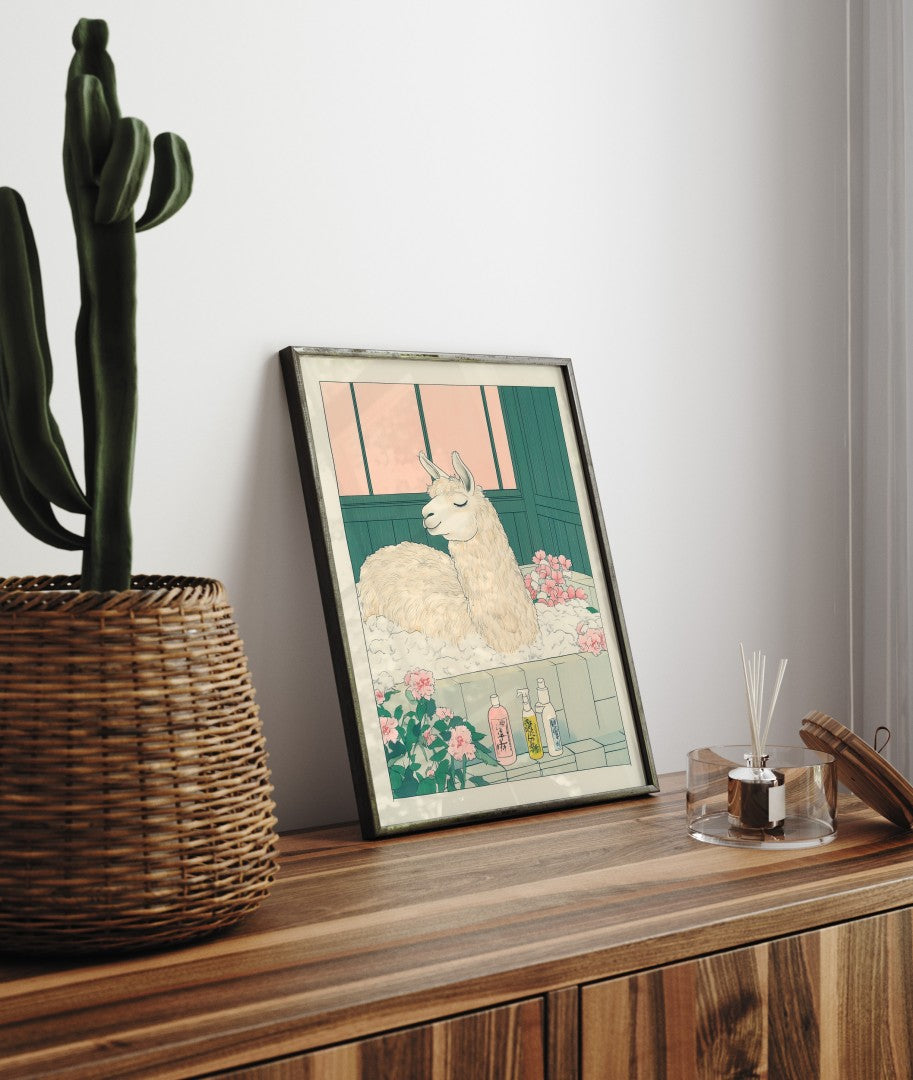 Framed bathroom decor showing a relaxed llama in a Japanese floral bath