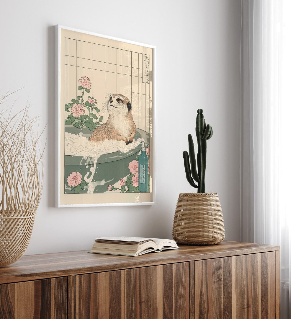 High-quality framed meerkat bathroom wall art with calm floral elements