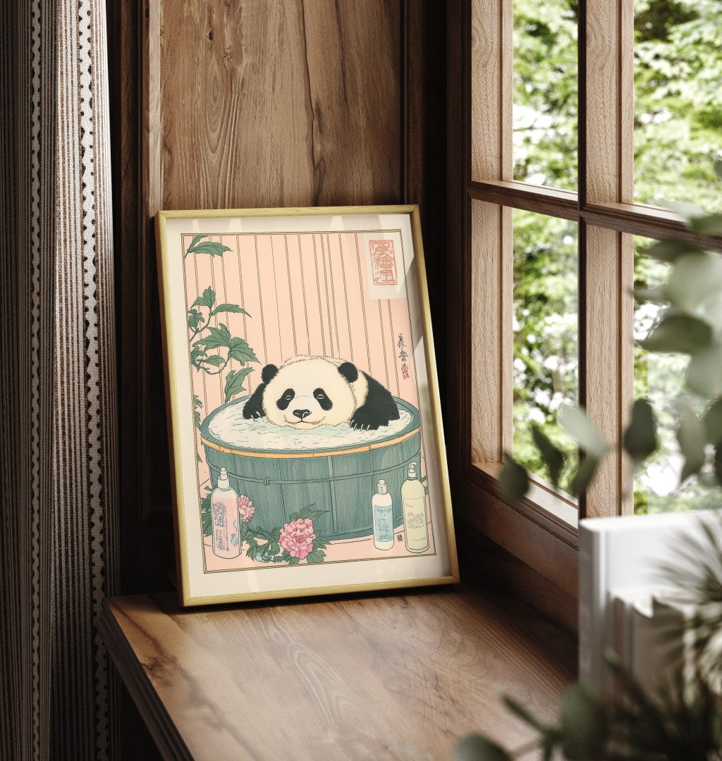 Framed bathroom print of a panda in a warm floral soak