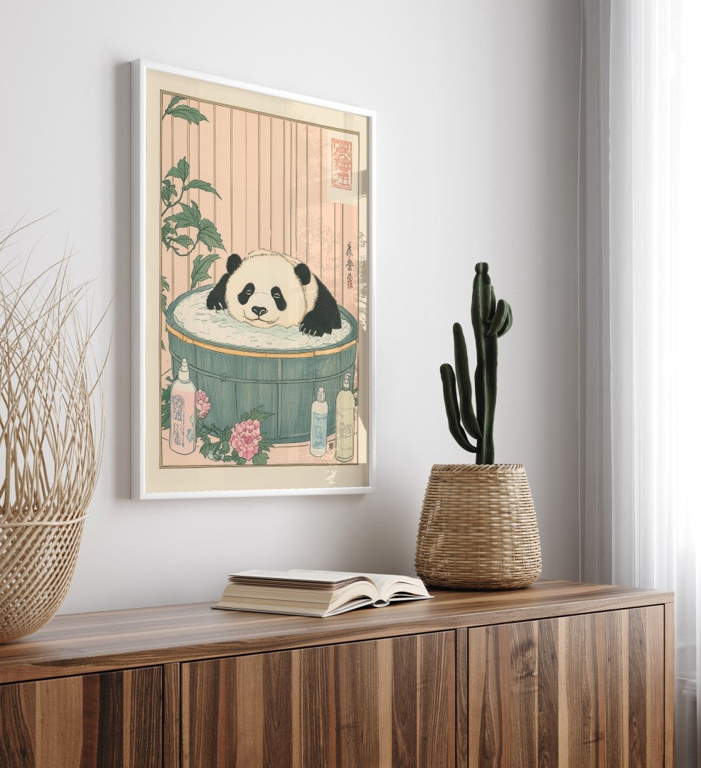High-quality framed panda bathroom wall art with light color palette