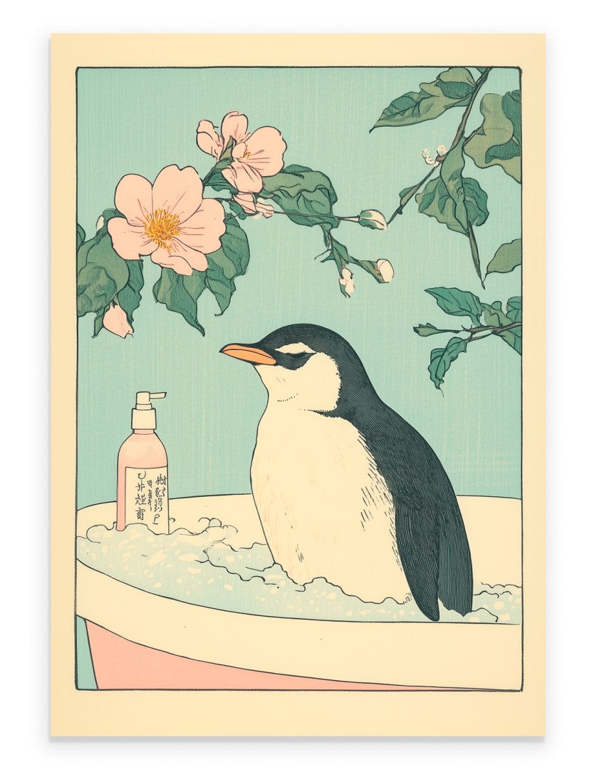 Penguin soaking in a Japanese-style floral bath with steam and pastel flowers