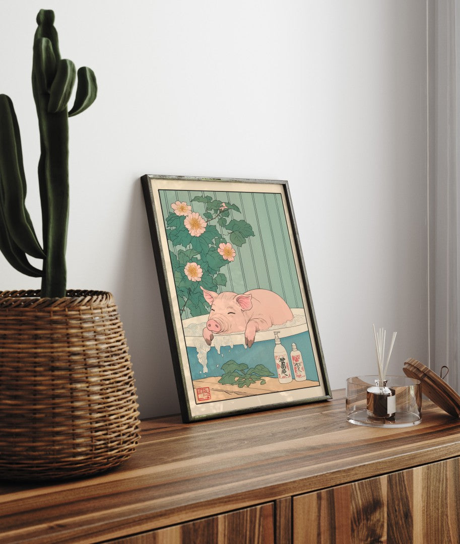 Framed bathroom decor showing a peaceful pig in a Japanese-style flower soak