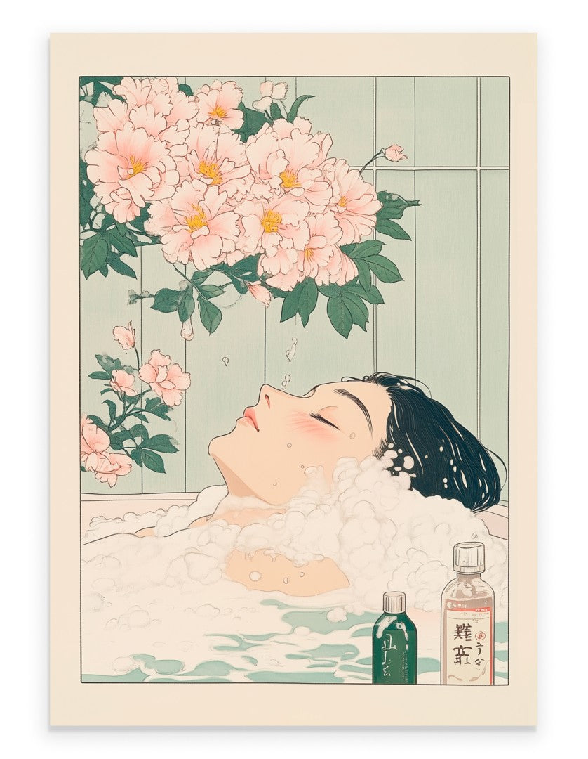 Woman relaxing in a floral bath with pink blossoms and bubbles